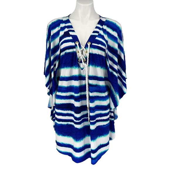 La Blanca Caftan Coastal Grandma Blue White Flutter Sleeve Swim Cover Up M - Picture 1 of 9